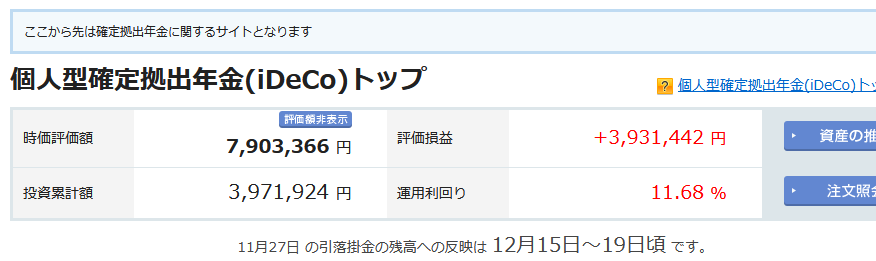 iDeCo 2023年12月の運用実績 +3,931,442円