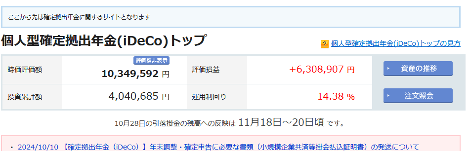 iDeCo 2024年11月の運用実績 +6,308,907円